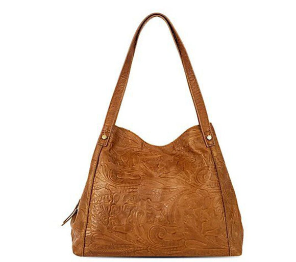 American Leather Co Liberty Shopper Purse in Cafe Latte Tooled Leather