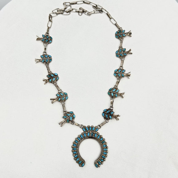 Vintage Squash Blossom Necklace Sterling Silver Turquoise 35g