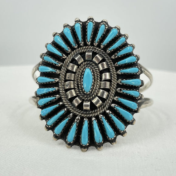 Zuni Turquoise Needlepoint Cuff Bracelet Signed JHN in Sterling Silver 24g