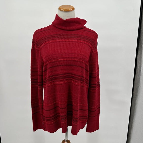 St John Red Striped Turtleneck with Button Accents Women's Size Large