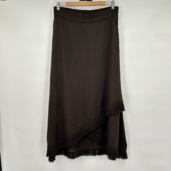 St. John Sport Brown Asymmetrical Fringe Wool Blend Knit Skirt Women's Size Medium