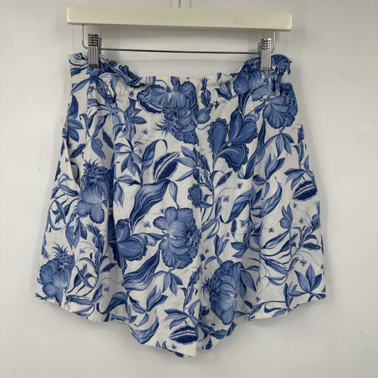 women H&M Linen Blend Floral White Blue Shorts 8