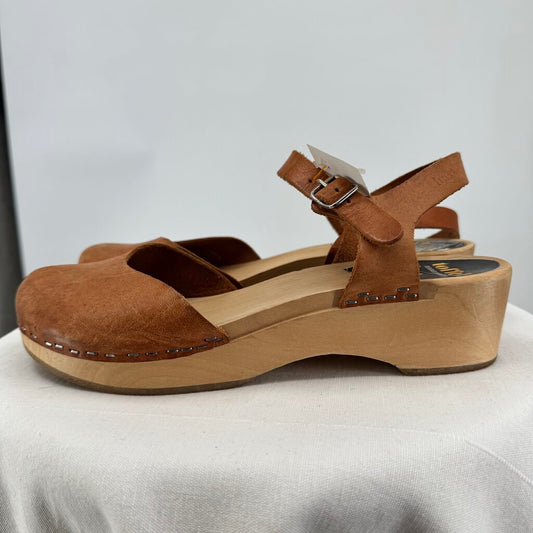 women Swedish Hasbeens Mary Jane Leather & Wood Clogs Cognac Brown Shoes 38/7.5
