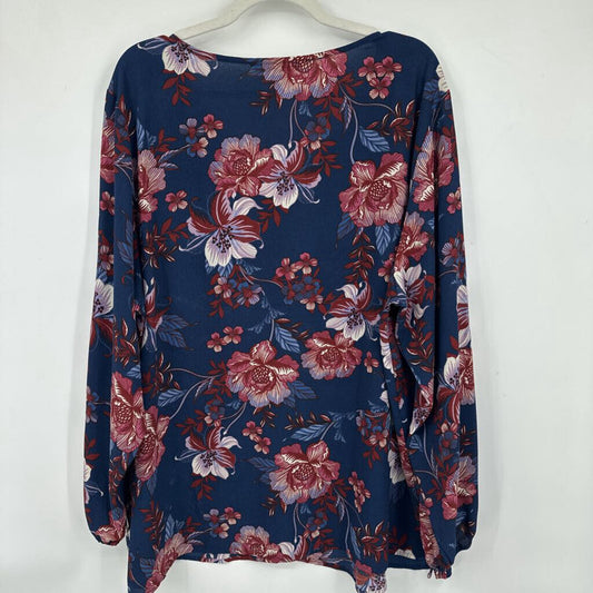 women Zac & Rachel Floral Tie Sleeve Blouse Navy Blue Purple Rust Woven Top 3X