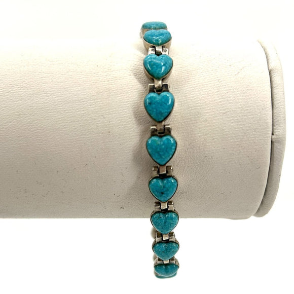 Turquoise Heart Bracelet 7-3/4” Long Sterling Silver