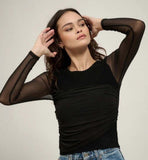 women Promise Shaper Fit Mesh-Sleeve Gathered Rib-Knit Top Black Top M