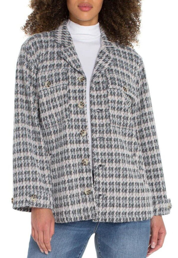 women Liverpool Heather Houndstooth Fuzzy Button Front Boxy Shirt Jacket MSRP $149 Gray Jacket M