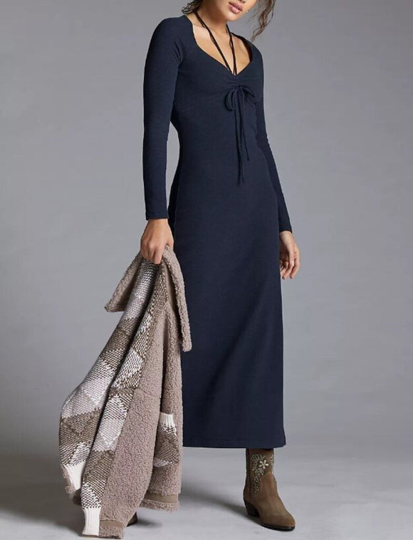 women Anthropologie Tie Front Midi Charcoal Gray Dress XL