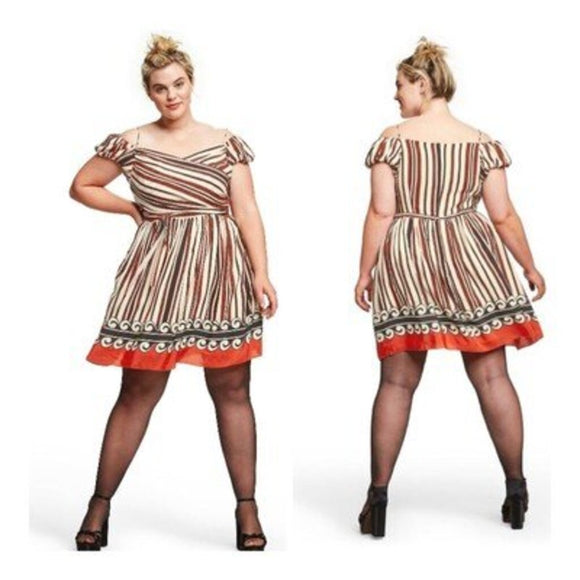 women Anna Sui x Target Silk Striped Pleated Cream Brown Orange Dress M