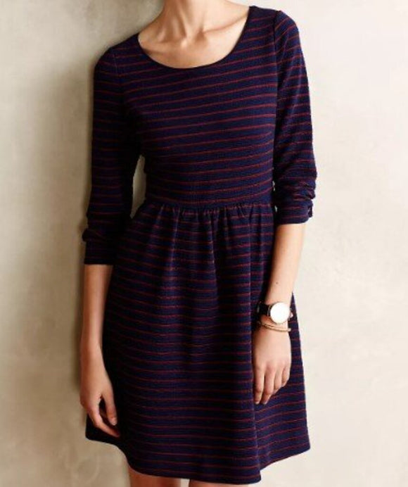 women Maeve - Anthro Brenna Jersey Knit Striped MSRP $128 Navy Rust Dress 8