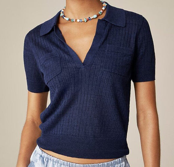 women J. Crew NWOT Short-sleeve Polo in Linen MSRP $138 Navy Blue Knit Top XXL