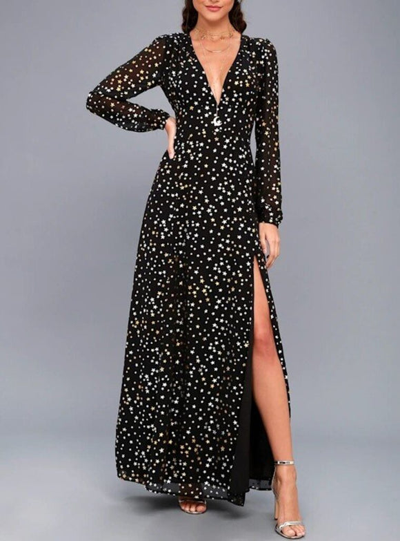 women Lulu's Sparks Fly Star Print Long Sleeve Maxi Black Dress M