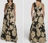 women Donna Karan NWT Faux Wrap Ballgown Floral Black & Tan Dress 14