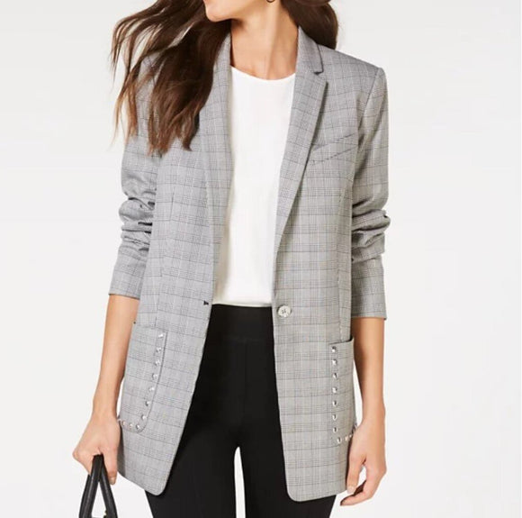 women Michael Michael Kors Patch Pocket Blazer Black White Plaid Jacket L