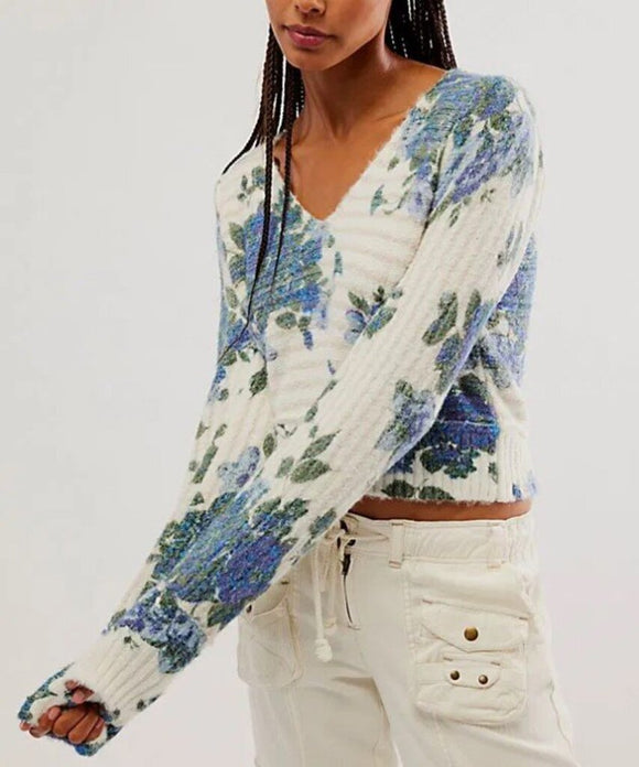 women Free People Bed of Roses Sweater Blue/Cream/Tan Sweater S