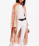 women Free People Desert Daze Knit Fringe Duster Cardigan Taupe Peach Coral Sweater M/L