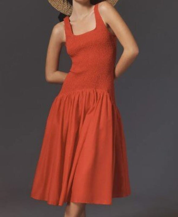 women Hutch - Anthro NWT Sleeveless Smocked Drop-Waist Midi Dress Hibiscus Red Dress M