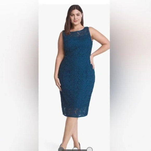 women White House Black Market Sleeveless Lace Sheath Teal Dress 14