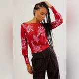 women Free People Undercover Floral Printed Bodysuit Scarlett Pink Green Knit Top S