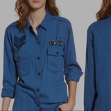 women Rails Banks Military Patch Linen Blend Shirt Indigo Woven Top XS