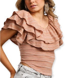 women Free People Heirloom Ruffle Top Doe Combo Knit Top M