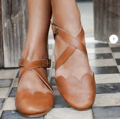 women Elf NEW Mangrove Cross-Strap Leather Ballet Flats Vintage Tan Shoes 7