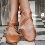 women Elf NEW Mangrove Cross-Strap Leather Ballet Flats Vintage Tan Shoes 7