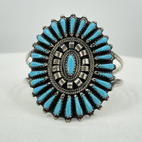 Zuni Turquoise Needlepoint Cuff Bracelet Signed JHN in Sterling Silver 24g Jewelry