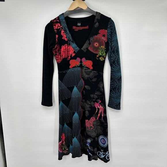 women Desigual Desigual Long Sleeve Embroidered Print Knit Dress Black Small Black/Multi Dress S