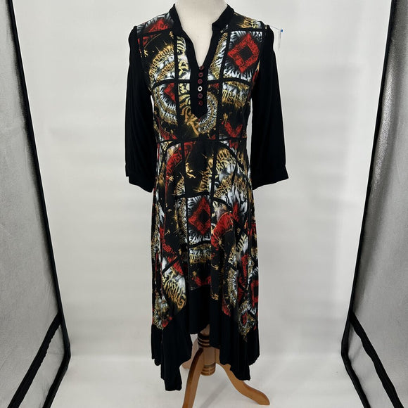 women Aventures des Toiles Aventures des Toiles Black, Red and Gold Colorblock Asymmetrical Shirt Dress Women's Size 36/US 4 Black/Red/Multi Dress M