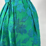 women 1950's Vintage Brocade Party Dress Green with Blue Roses Women's Size 9 Green Vintage S