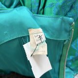 women 1950's Vintage Brocade Party Dress Green with Blue Roses Women's Size 9 Green Vintage S