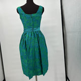 women 1950's Vintage Brocade Party Dress Green with Blue Roses Women's Size 9 Green Vintage S
