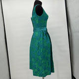 women 1950's Vintage Brocade Party Dress Green with Blue Roses Women's Size 9 Green Vintage S