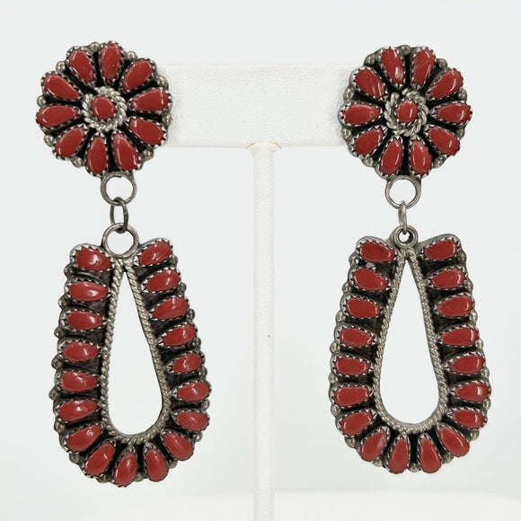 Vintage Large Petit Point Red Coral Sterling Silver Earrings Signature 21g