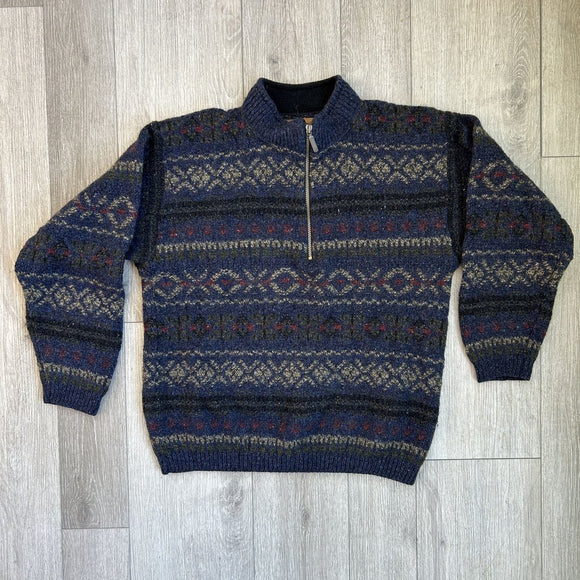Vintage Alps Wool Blend Quarter Zip Navy Blue Sweater Men's Size Large