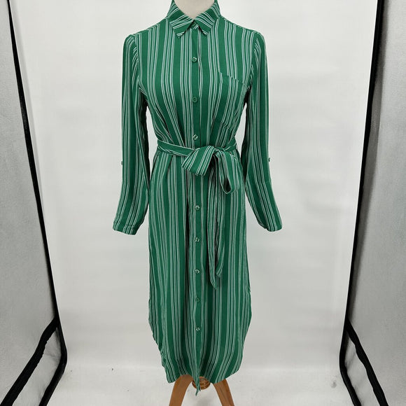 Anthropologie Green and White Striped Martina Belted Shirtdress by Maeve Women's Size 4