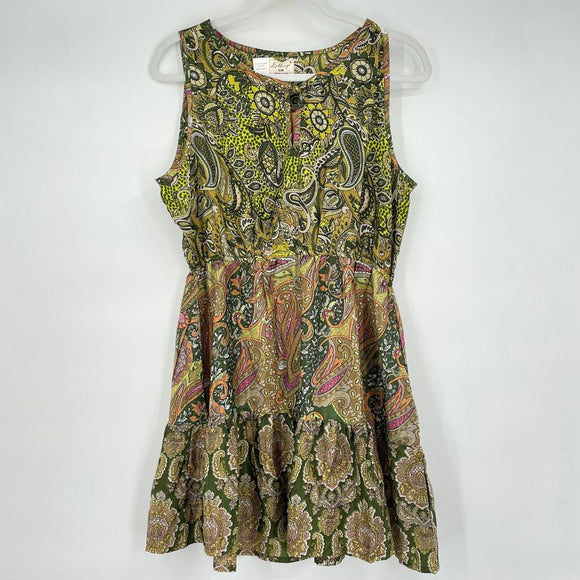 women Lakhays NWT Ruffled Paisley Mini Dress Sage Green Dress S/M