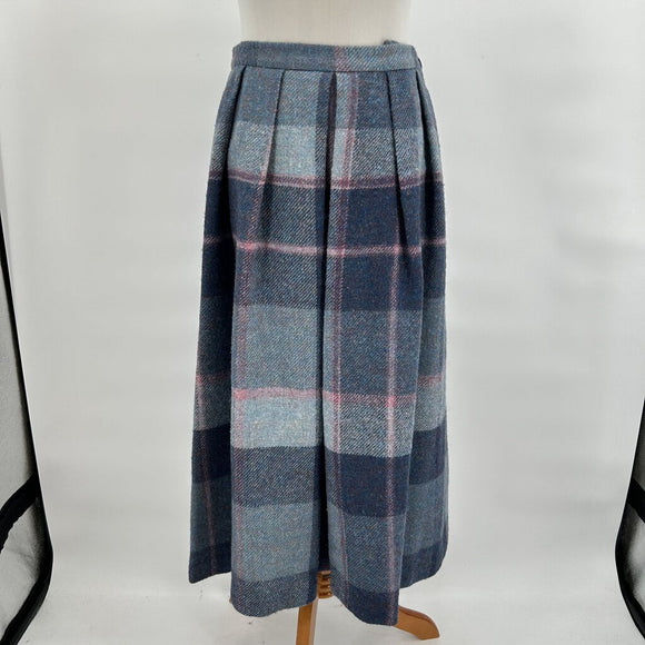 Vintage Alan Paine Blue Plaid 100% Wool Pleated Skirt Women's Size Small