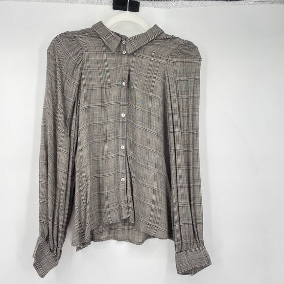 women Cameo NWT Plaid Shirred Button Front MSRP $98 Gray Jeans M