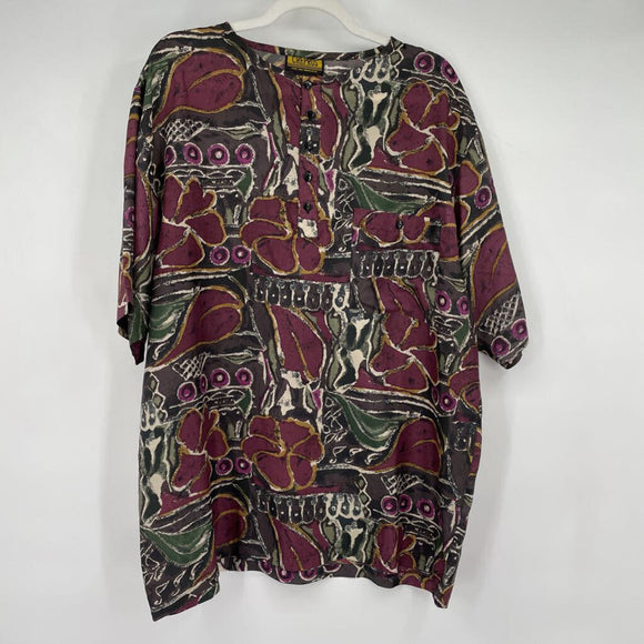 men Crepros Vintage Silk Print Burgundy Sage Multi Top L
