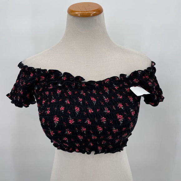 women Free People Floral Off Shoulder Crop Black Pink Top L