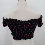 women Free People Floral Off Shoulder Crop Black Pink Top L