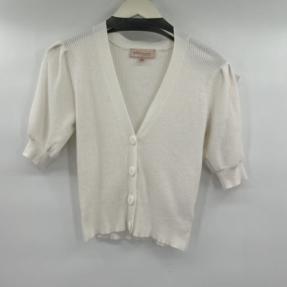 women Philosophy Short Sleeve Ribbed Cardigan White Sweater XS