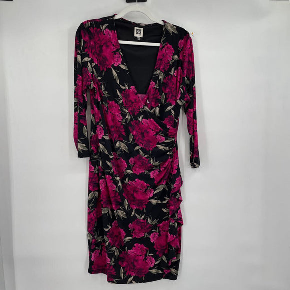 women Anne Klein Magenta Floral Print Splice Front Ruched Black Dress 12