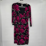 women Anne Klein Magenta Floral Print Splice Front Ruched Black Dress 12