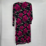 women Anne Klein Magenta Floral Print Splice Front Ruched Black Dress 12