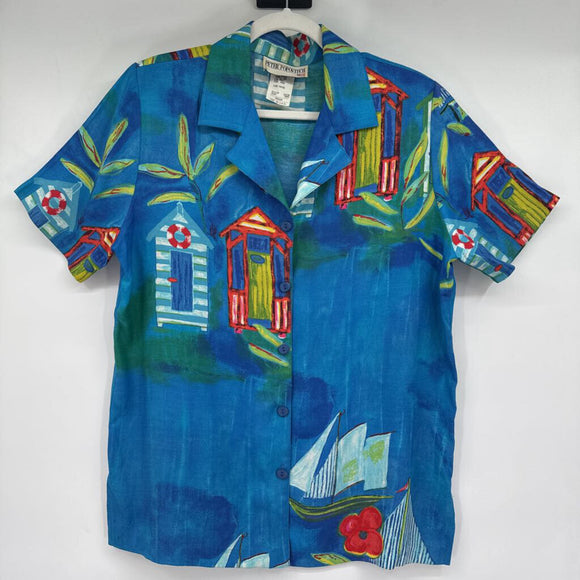 men Peter Popovitch Sailboat Bowling Aloha Shirt Blue Top M