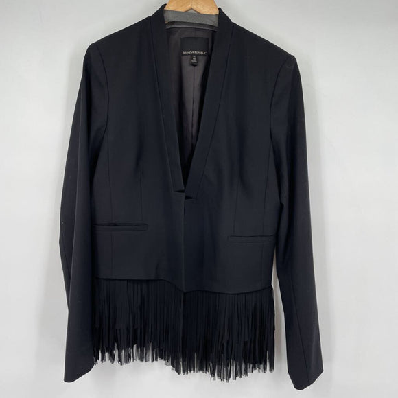 women Banana Republic Chiffon Fringe Blazer Black Jacket 14 Tall