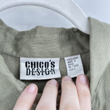 women Chico's Linen Safari Shirt Green Top L